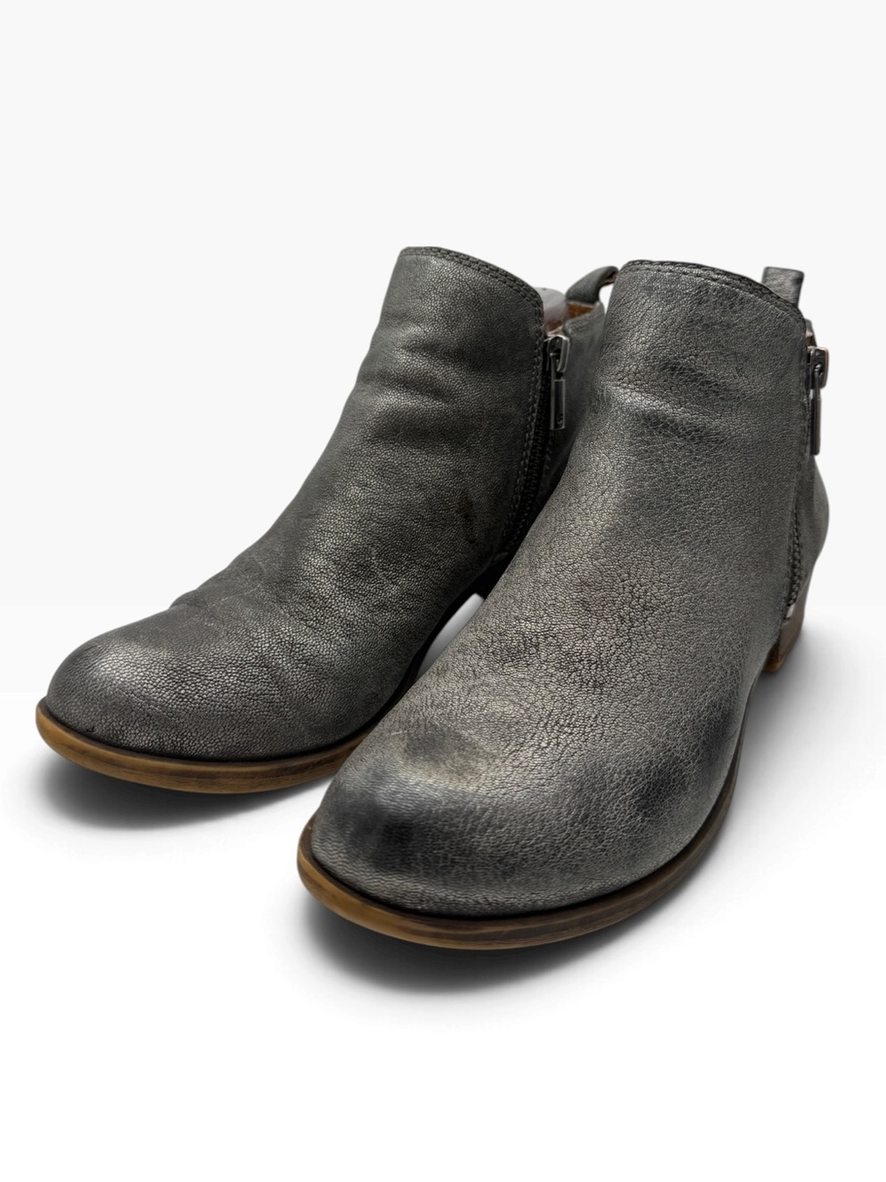 Lucky Brand Metallic Gray Leather Ankle Booties with Side Zip - Size 7.5